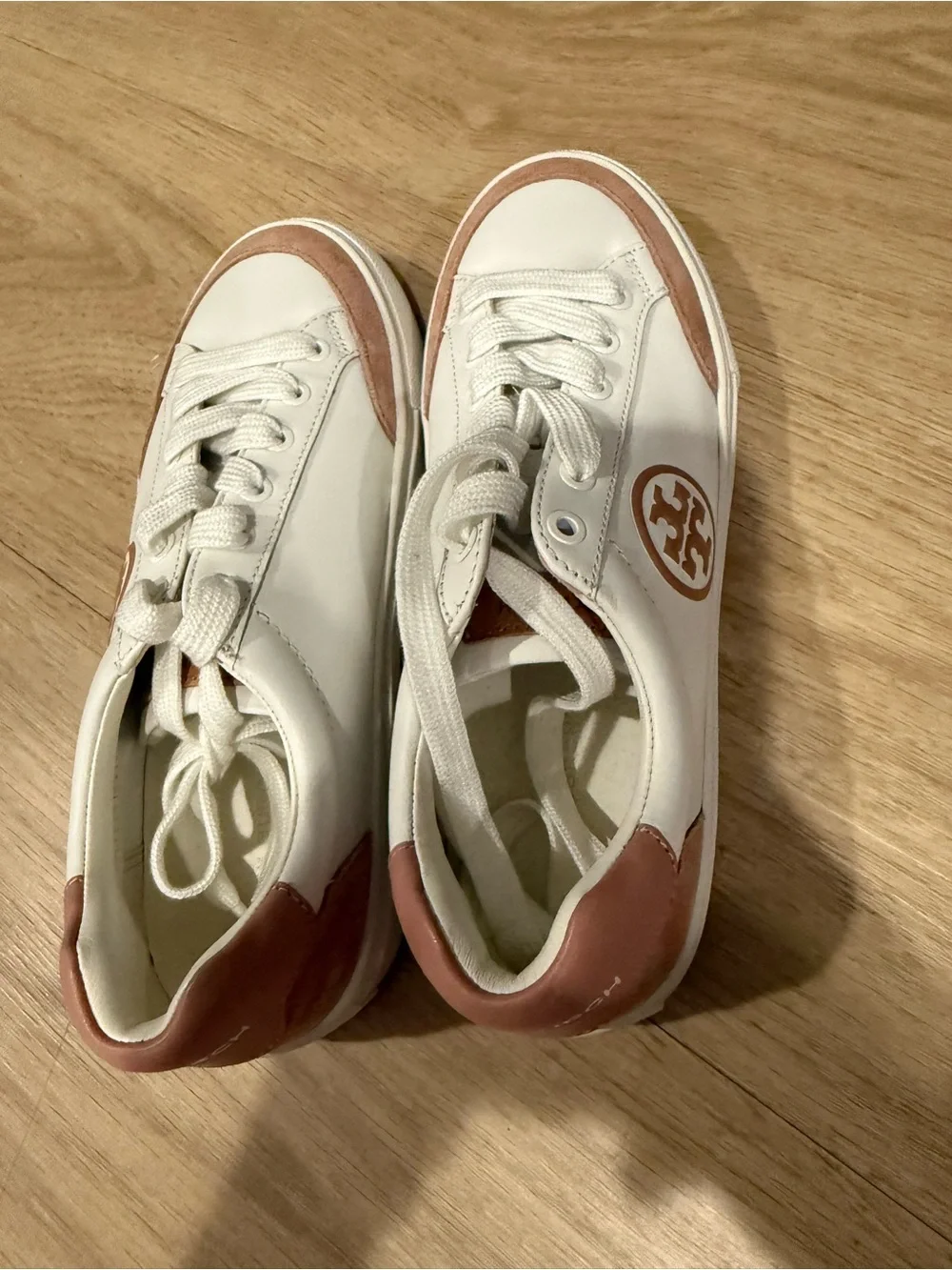 Tory Burch White Leather Sneakers with Dusty Rose Accents